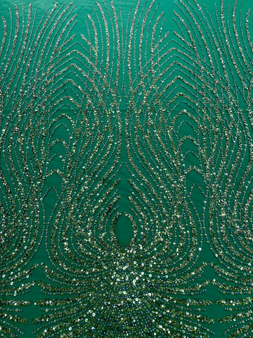 Dantela Couture Verde Smarald cu Panou, cu Margele si Paiete