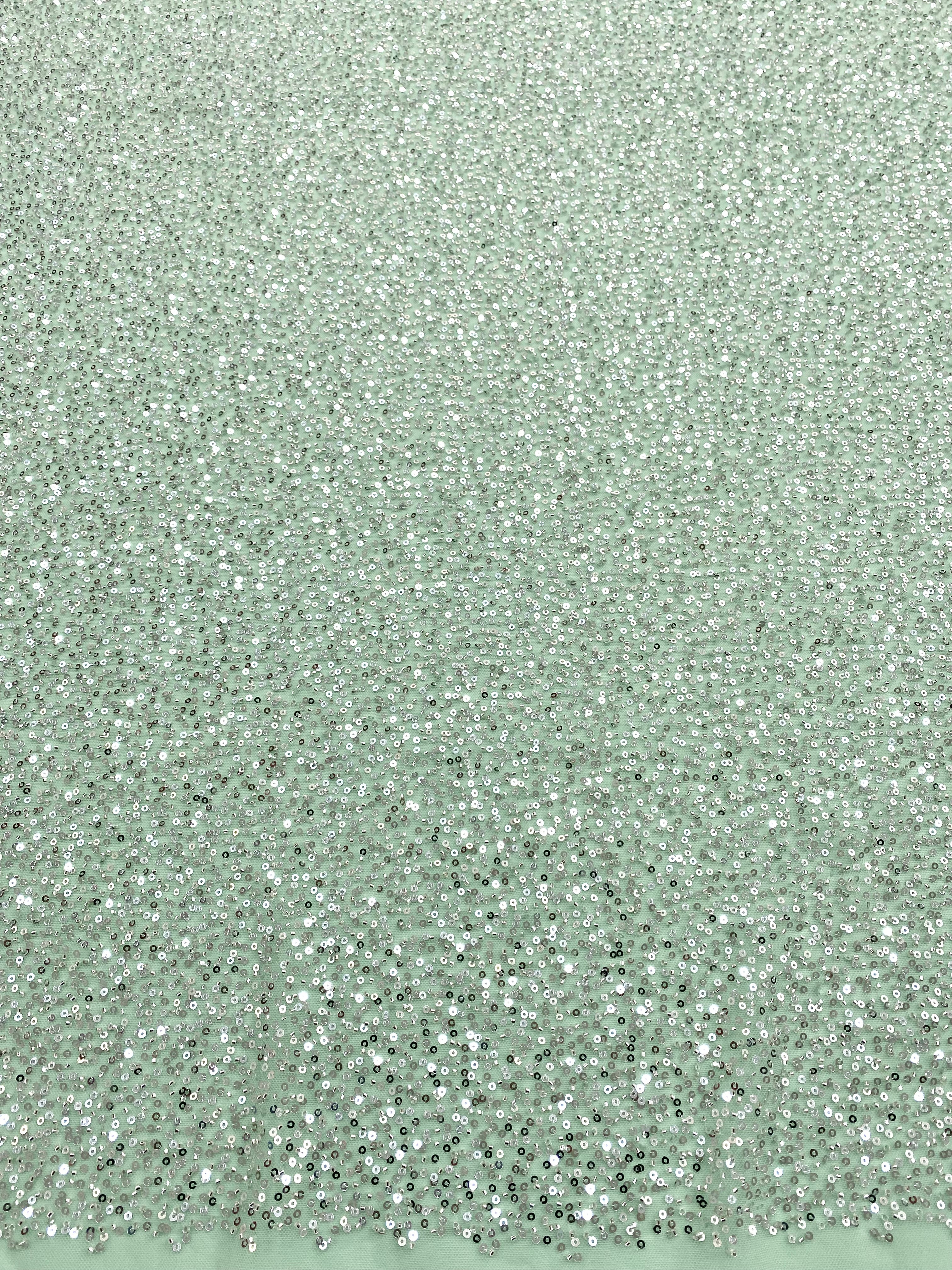 Dantela Couture Argintie pe Tulle Verde Menta cu Model General, cu Margele si Paiete