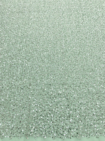Dantela Couture Argintie pe Tulle Verde Menta cu Model General, cu Margele si Paiete