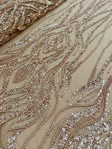 Dantela Couture Auriu Rose cu Model Geometric, cu Perle, Margele si Paiete