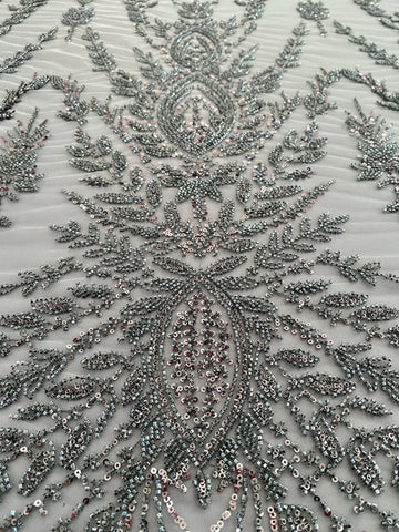 Dantela Couture Gri Antracit cu Model Simetric, cu Margele si Paiete