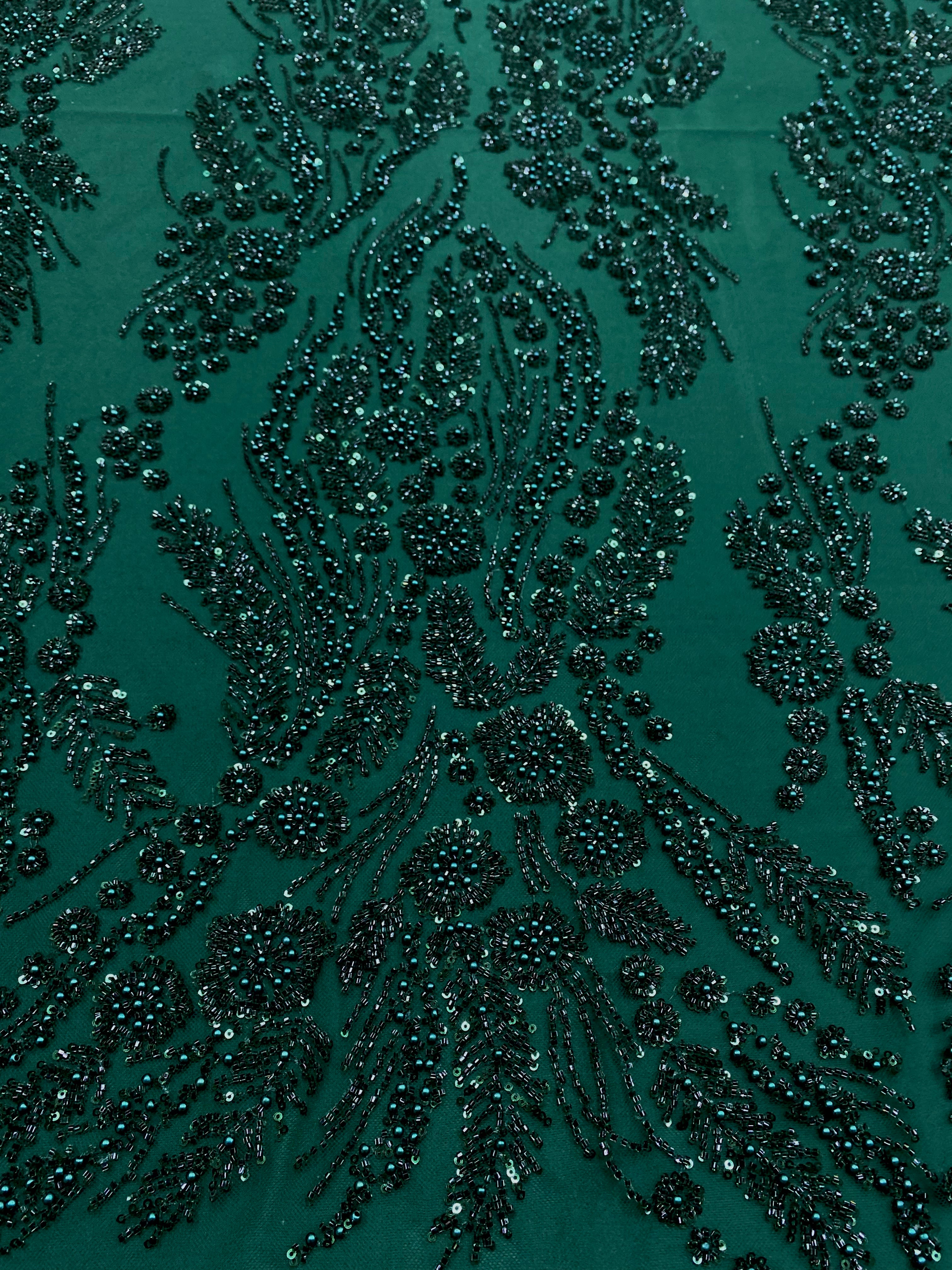 Sötétzöld Couture csipke virágmintával, gyöngyökkel, gyöngyöcskékkel és flitterekkel