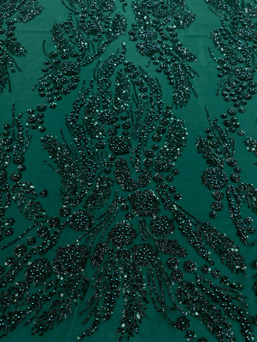Sötétzöld Couture csipke virágmintával, gyöngyökkel, gyöngyöcskékkel és flitterekkel
