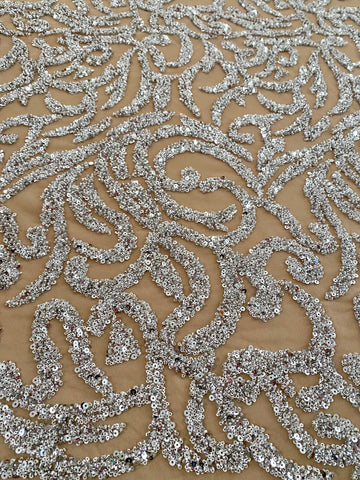 Dantela Couture Argintie cu Tulle Nude cu Margele si Paiete