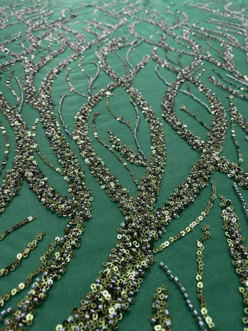 Dantela Couture Verde Smarald cu Siraguri, cu Margele si Paiete