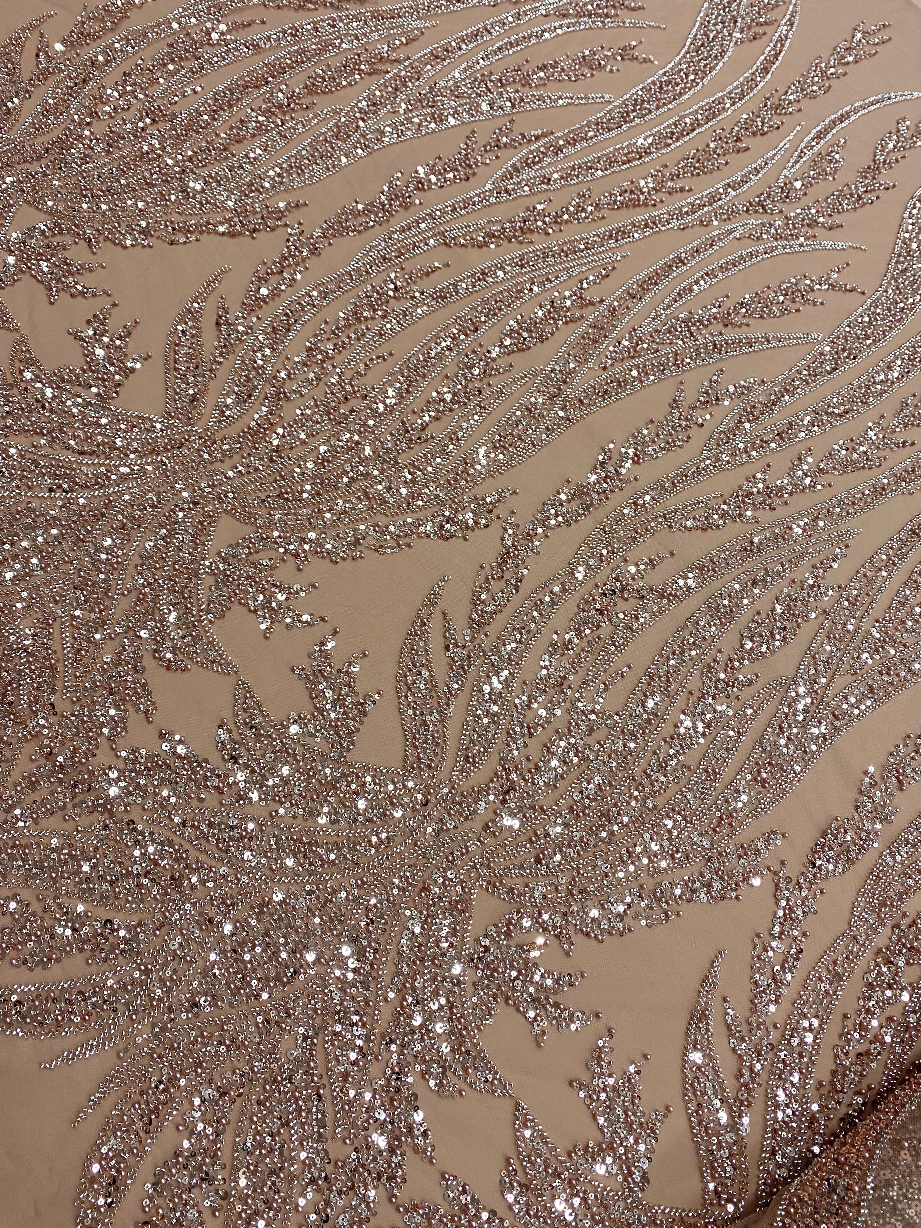 Dantela Couture Auriu Rose cu Panou, cu Perle, Margele si Paiete