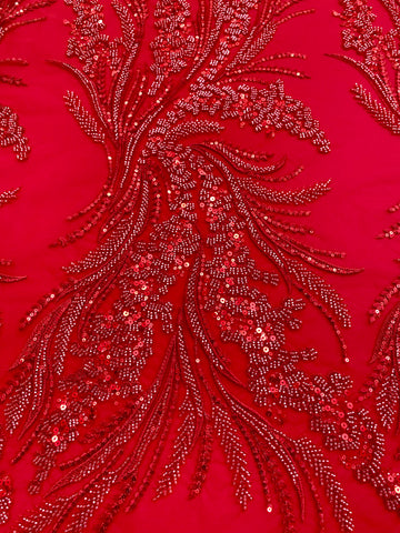 Dantela Couture Rosie cu Model Floral, cu Margele si Paiete