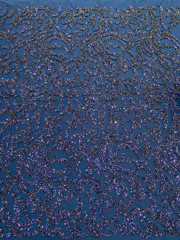 Dantela Couture Bleumarin cu Model Geometric, cu Margele si Paiete