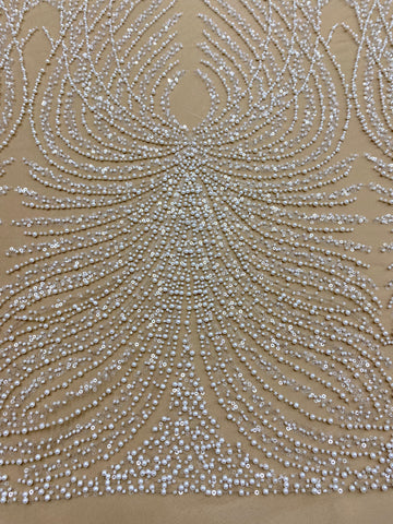 Dantela Couture Ivory cu Tulle Nude cu Panou, cu Perle, Margele si Paiete
