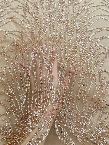 Dantela Couture Auriu Rose cu Model Liniar, cu Margele si Paiete