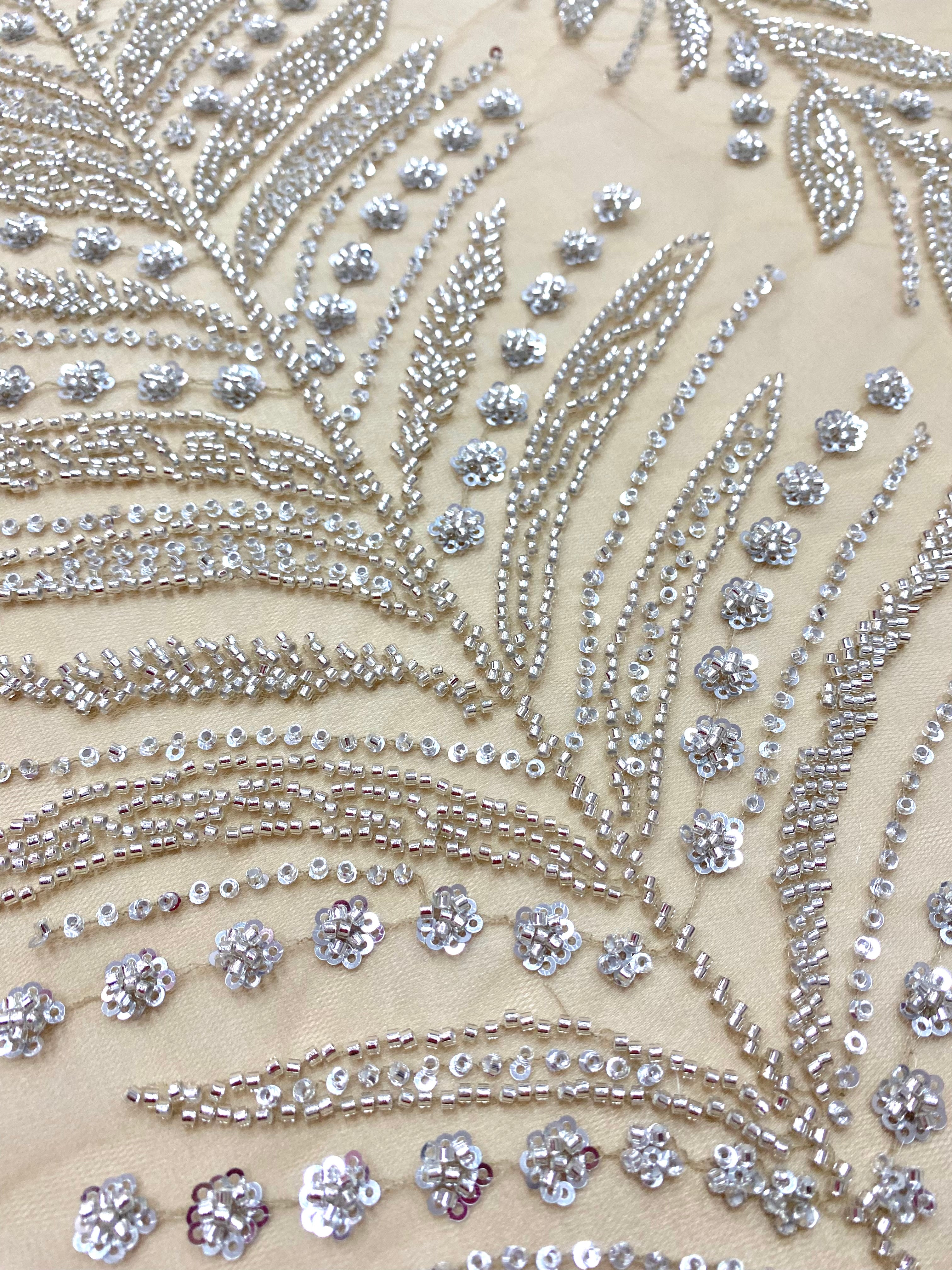 Dantela Couture Argintie cu Tulle Nude cu Crengi, cu Margele si Paiete