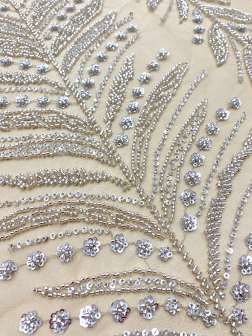Dantela Couture Argintie cu Tulle Nude cu Crengi, cu Margele si Paiete