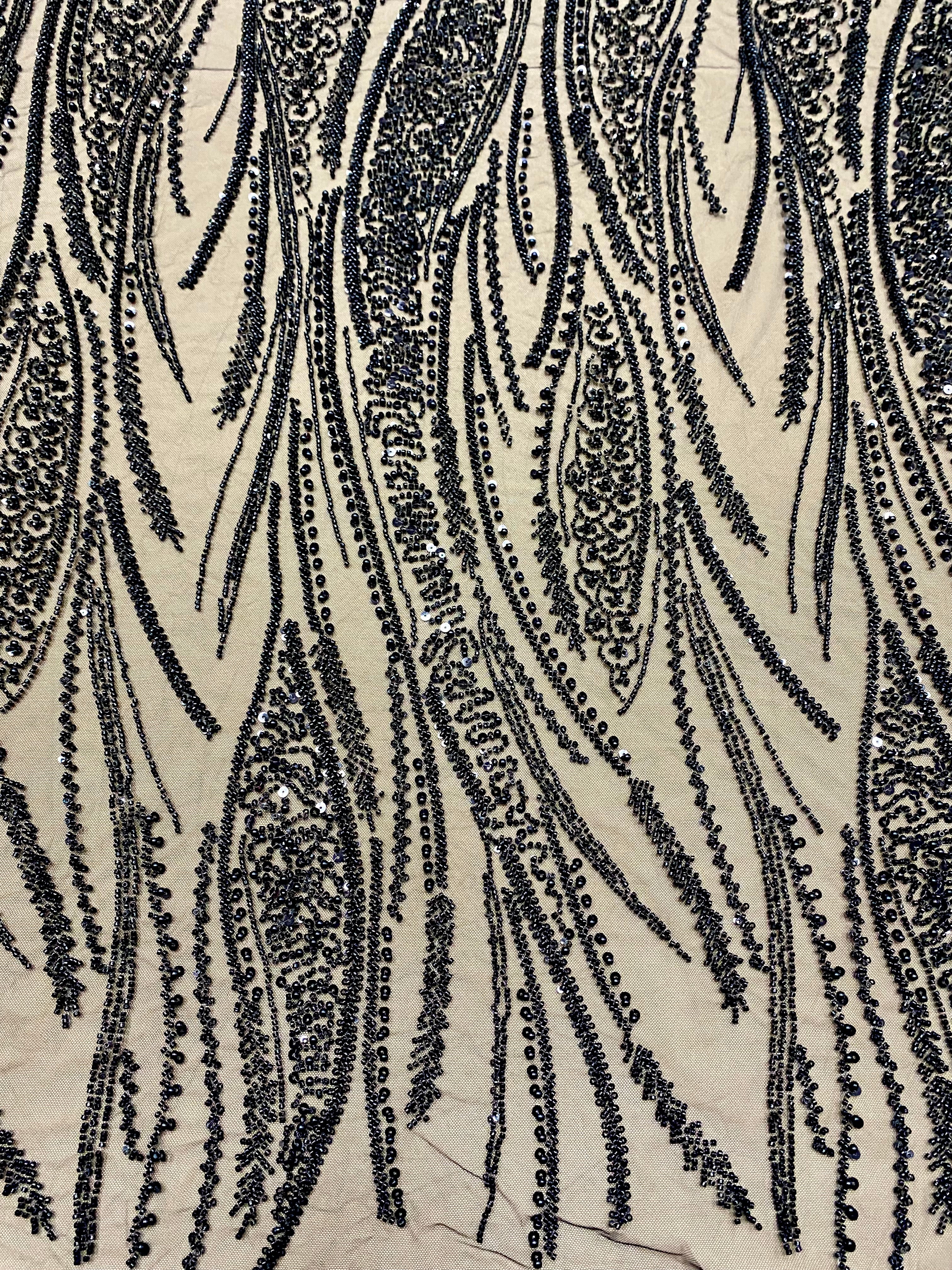Dantela Couture Neagra cu Panou, cu Perle, Margele si Paiete