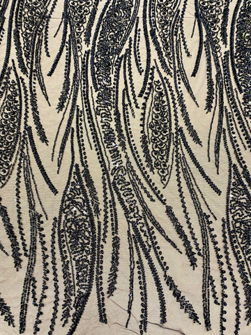 Dantela Couture Neagra cu Panou, cu Perle, Margele si Paiete