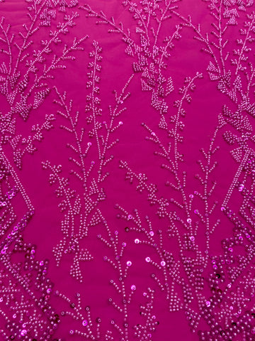 Dantela Couture Fucsia cu Model Geometric, cu Margele si Paiete