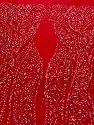 Piros Couture csipke geometriai mintával, gyöngyökkel, gyöngyöcskékkel és flitterekkel