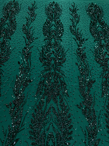 Dantela Couture Verde Inchis cu Model Simetric, cu Perle, Margele si Paiete