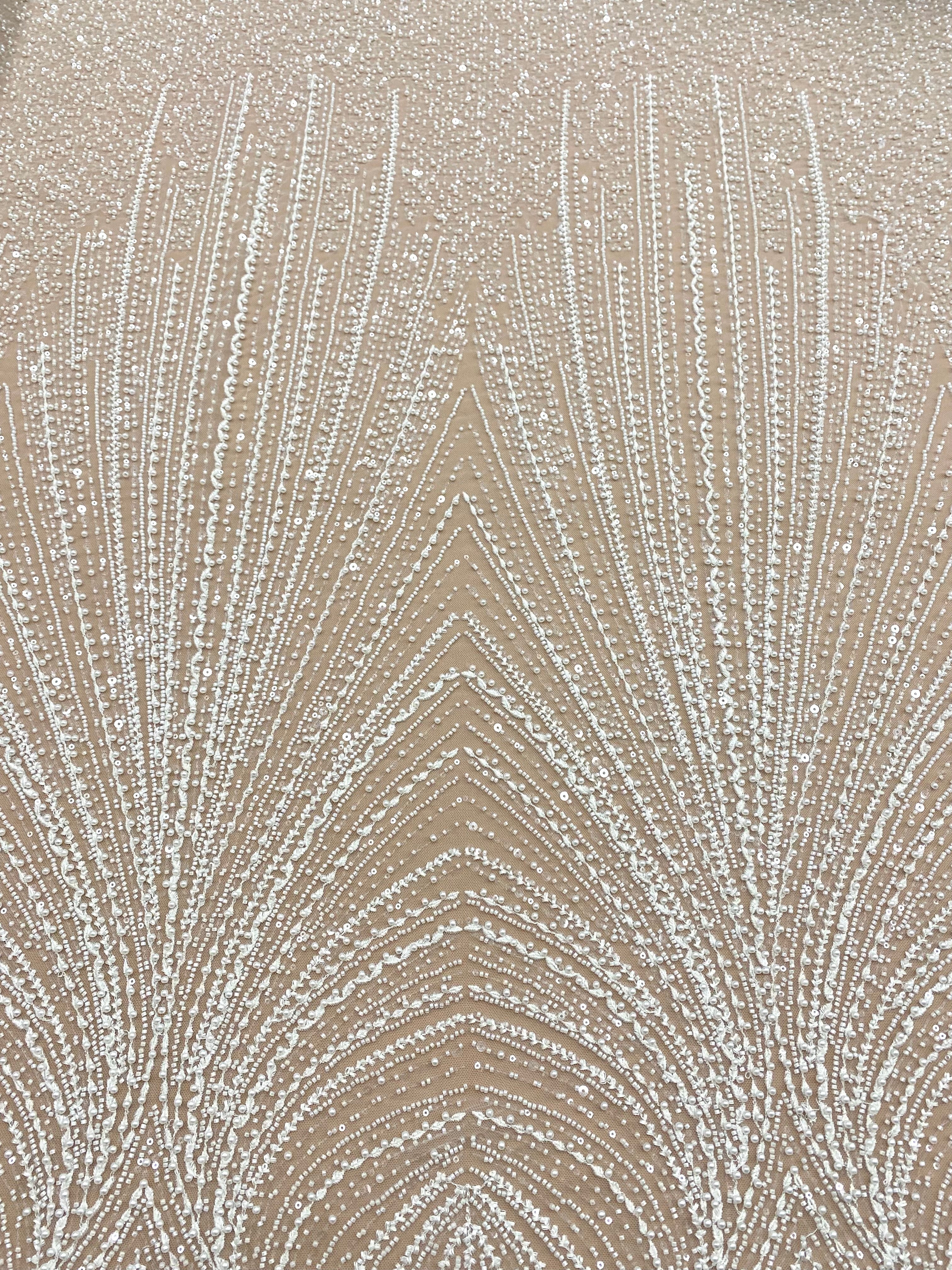 Dantela Couture Ivory cu Model Geometric, cu Perle, Margele si Paiete