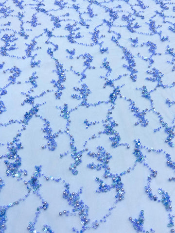 Dantela Couture Sky Blue cu Perle, Margele si Paiete