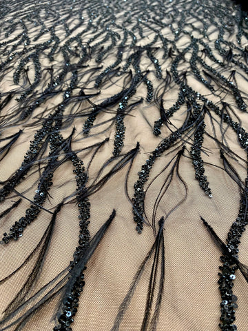 Dantela Couture Neagra cu Pene de Strut, cu Siraguri, cu Margele si Paiete