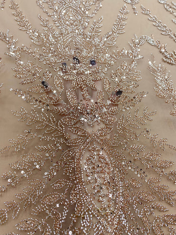 Dantela Couture Auriu Rose cu Model Simetric, cu Margele si Paiete