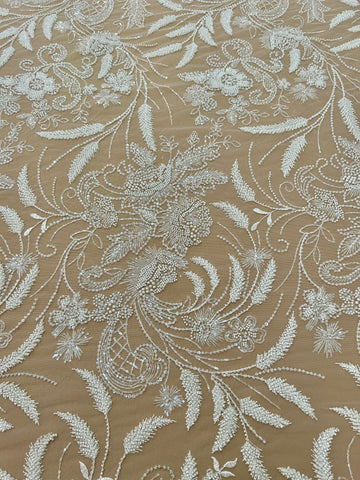 Dantela Ivory cu Model Floral, cu Perle, Margele si Paiete