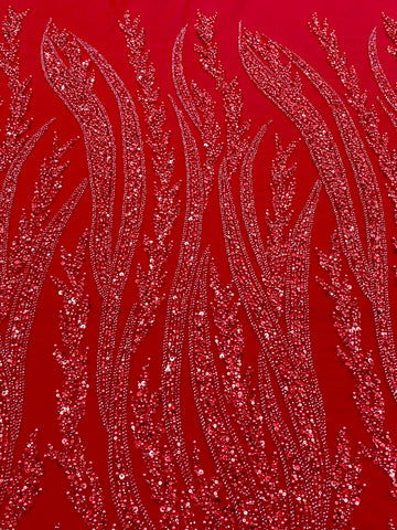 Piros Couture csipke geometriai mintával, gyöngyökkel, gyöngyöcskékkel és flitterekkel