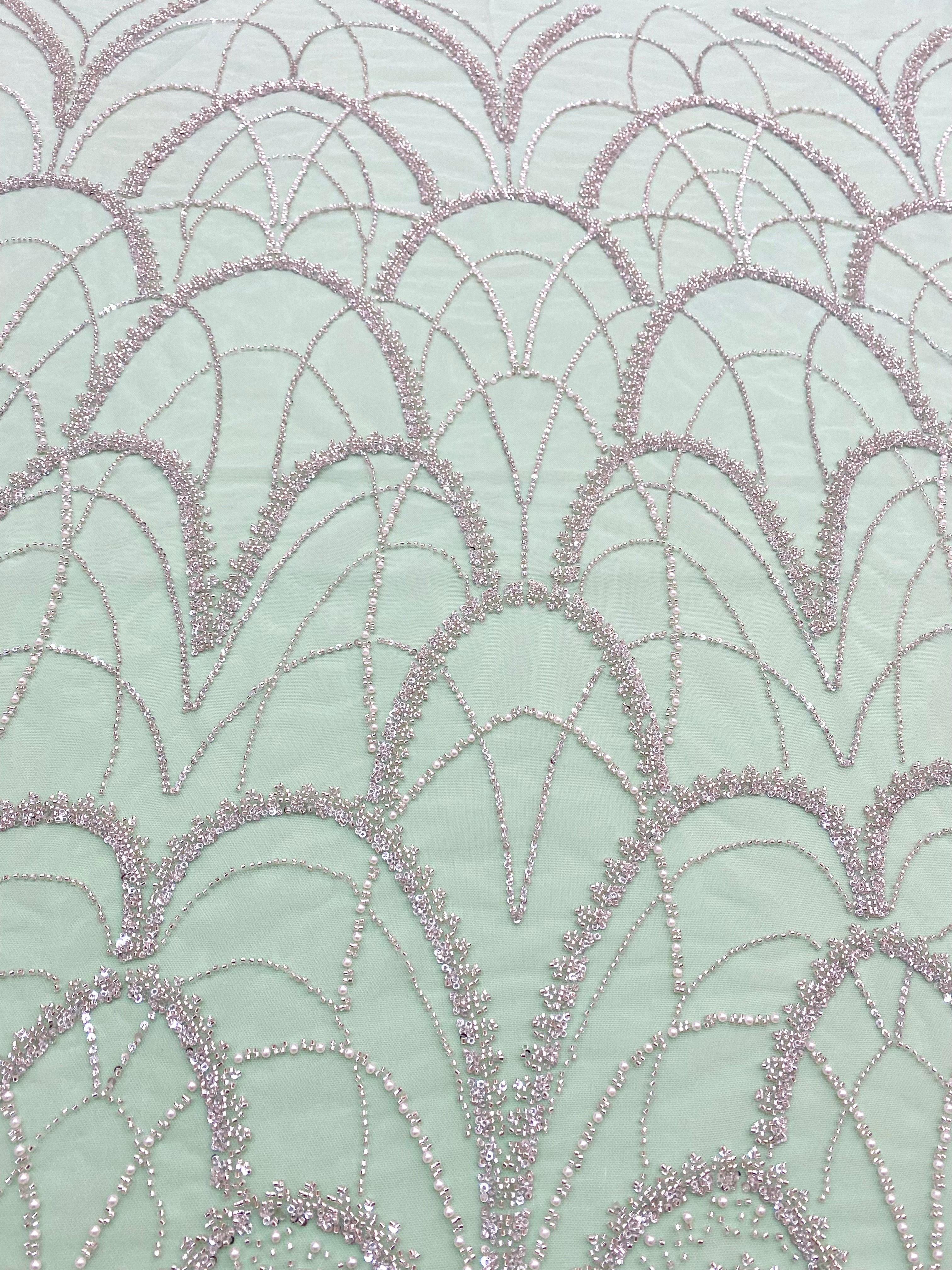 Dantela Couture Argintie pe Tulle Verde Menta cu Model Geometric, cu Perle, Margele si Paiete