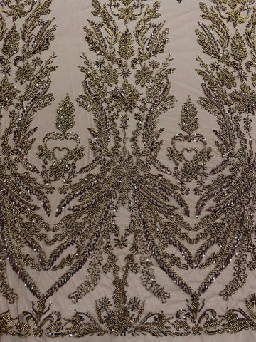 Dantela Couture Antik Arany Virágmintás, Gyöngyökkel és Flitterekkel