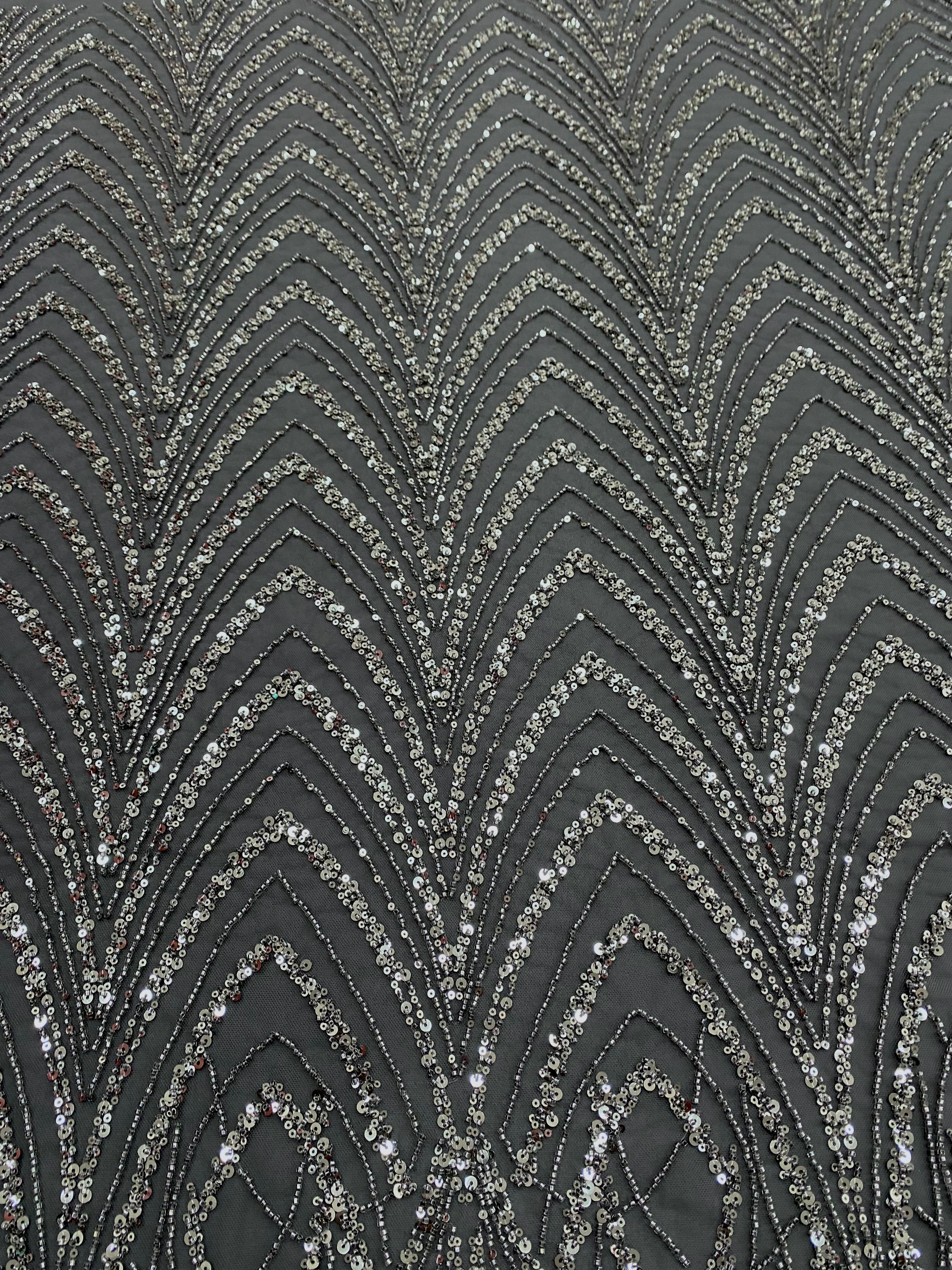 Dantela Couture Gri Antracit cu Model Geometric cu Margele si Paiete