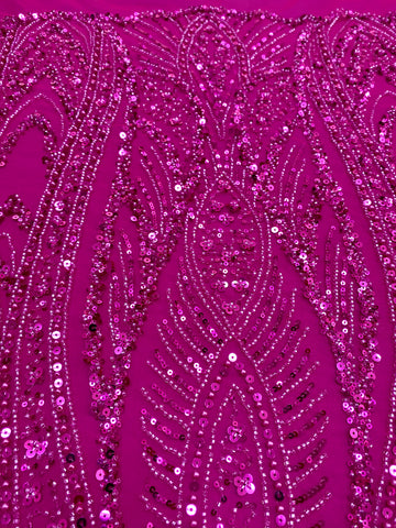 Dantela Couture Fucsia geometriai mintával, gyöngyökkel, gyöngyöcskékkel és flitterekkel