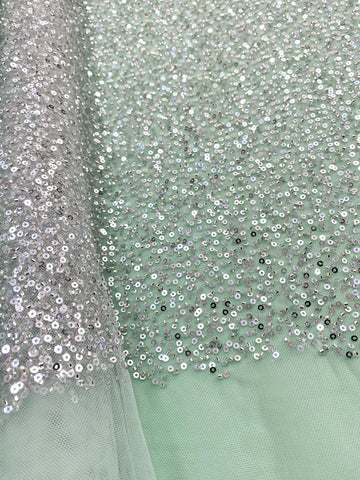 Dantela Couture Argintie pe Tulle Verde Menta cu Model General, cu Margele si Paiete