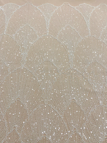 Dantela Couture Ivory cu Model Geometric, cu Perle, Margele si Paiete