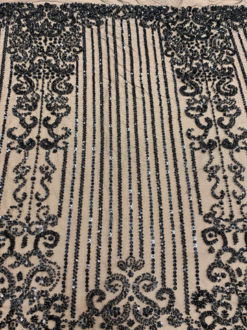 Dantela Couture Neagra cu Model Geometric, cu Perle, Margele si Paiete