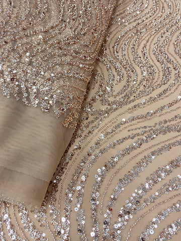 Dantela Couture Auriu Rose cu Model Liniar, cu Margele si Paiete