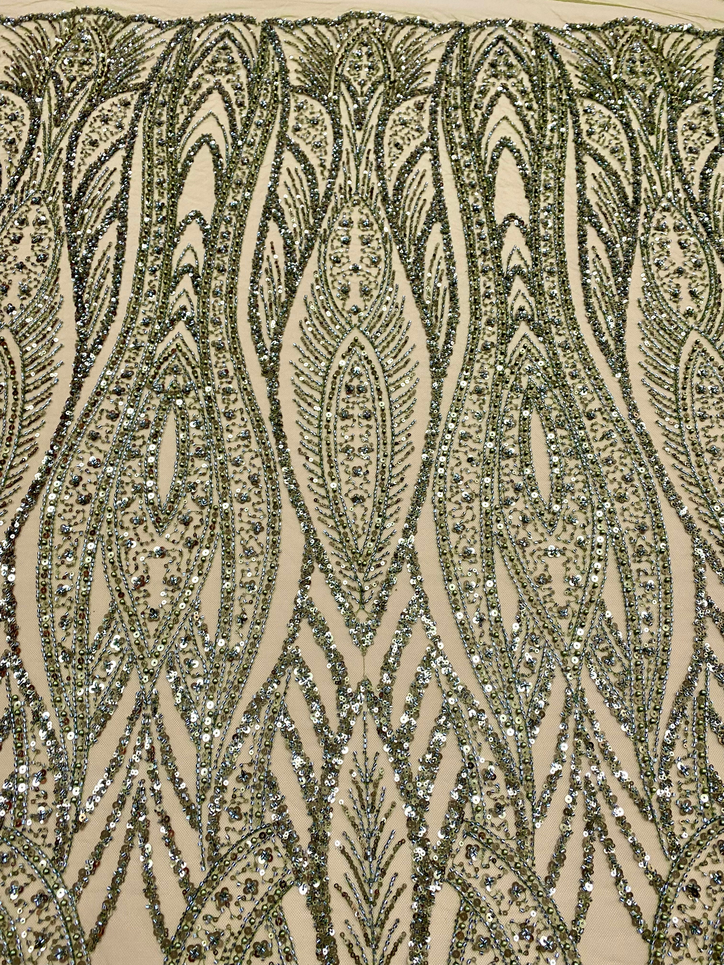 Dantela Couture Olive geometriai mintával, gyöngyökkel, gyöngyökkel és flitterekkel
