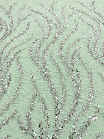 Dantela Couture Argintie pe Tulle Verde Menta cu Perle, Margele si Paiete