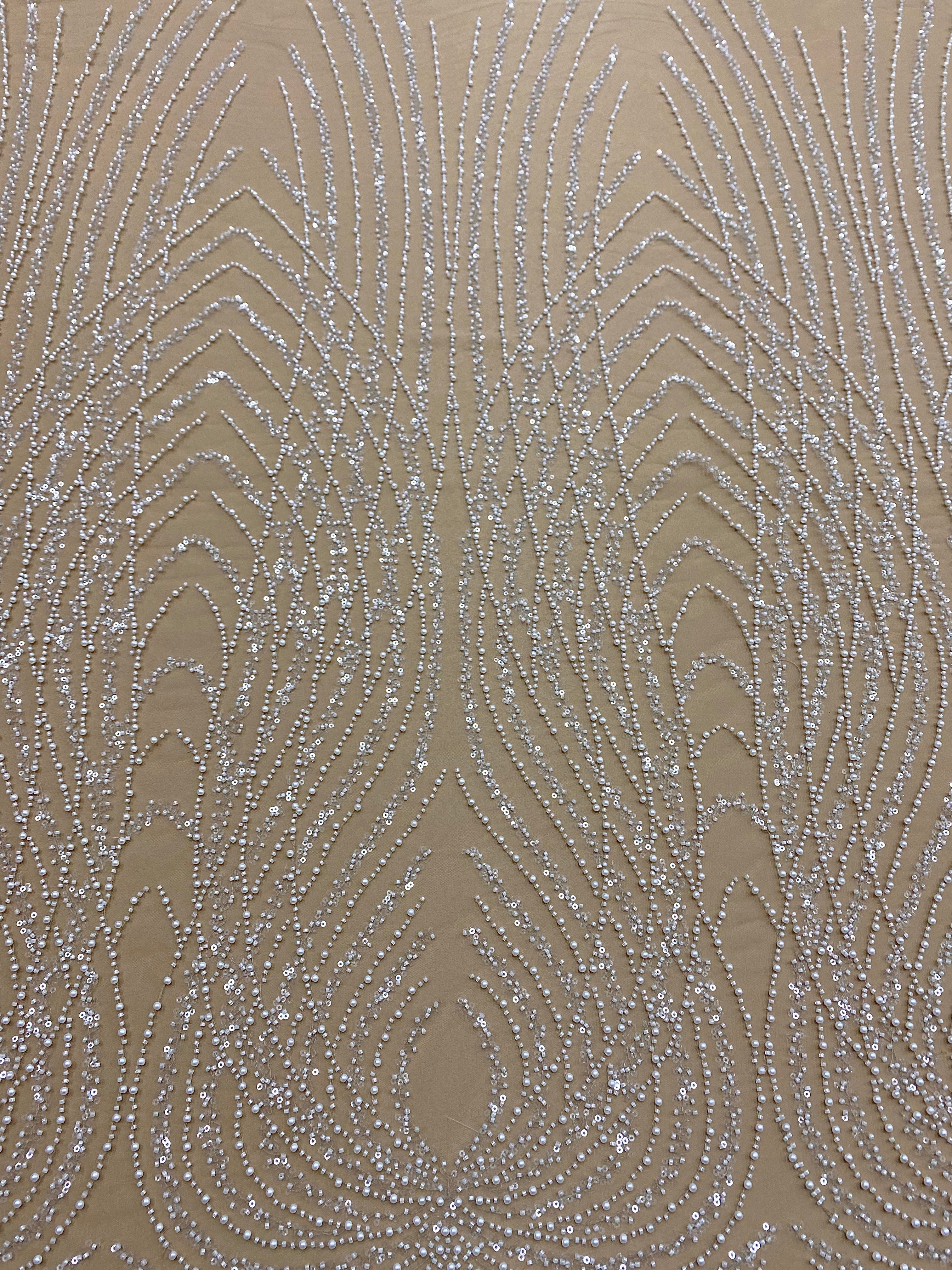 Dantela Couture Ivory cu Tulle Nude cu Panou, cu Perle, Margele si Paiete