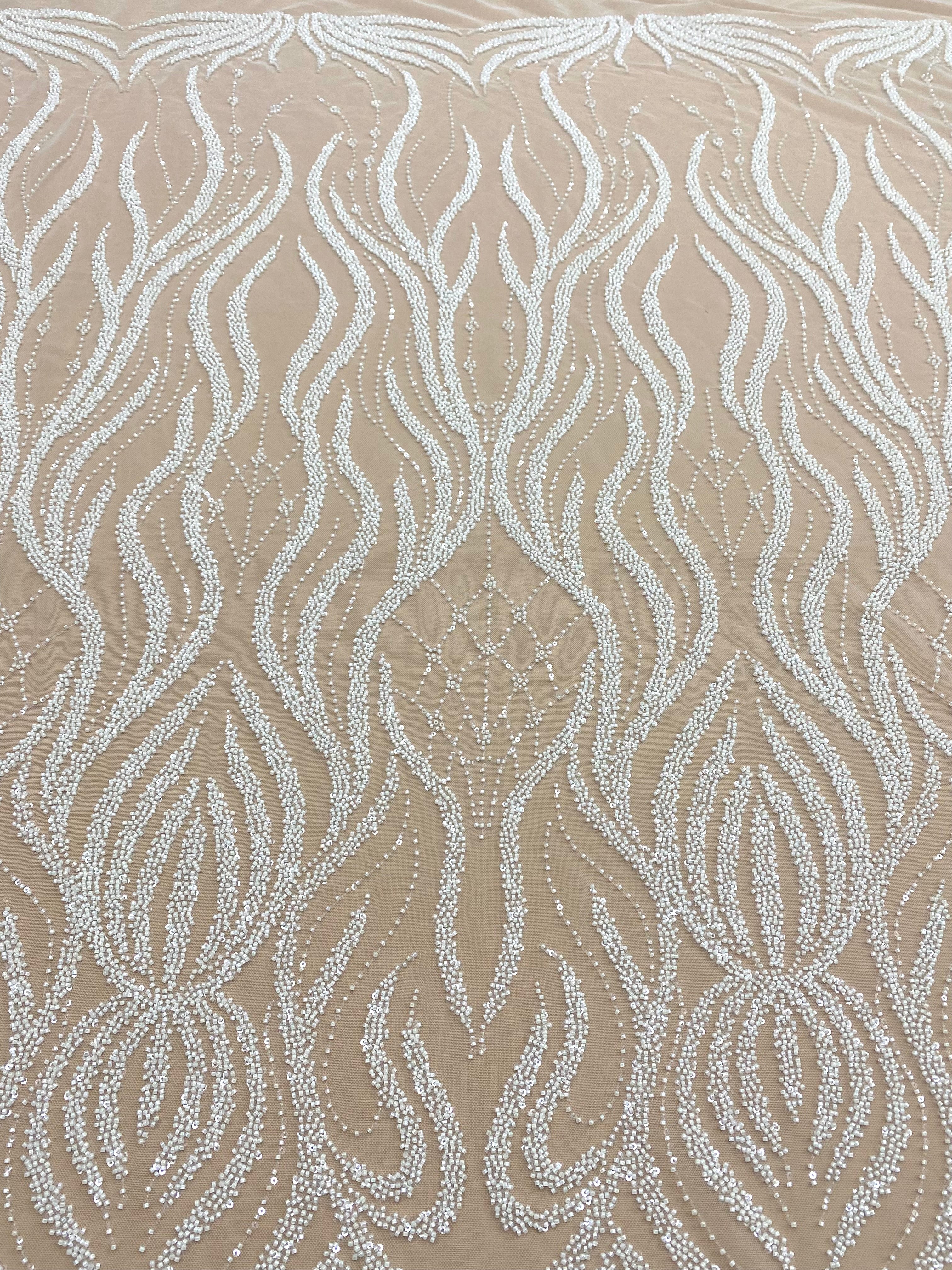 Dantela Couture Ivory cu Model Geometric, cu Margele si Paiete