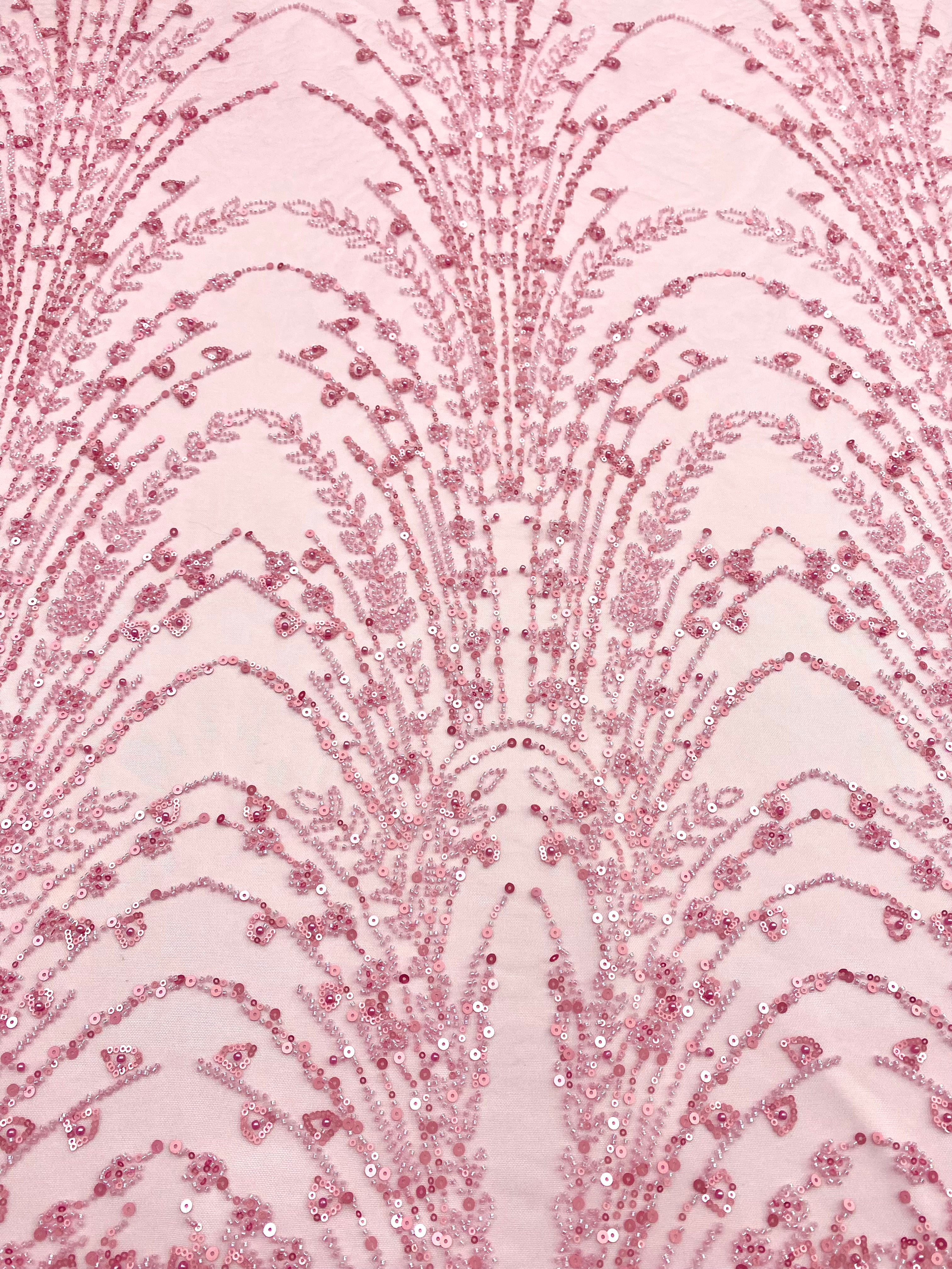 Dantela Couture Roz cu Model Geometric, cu Perle, Margele si Paiete