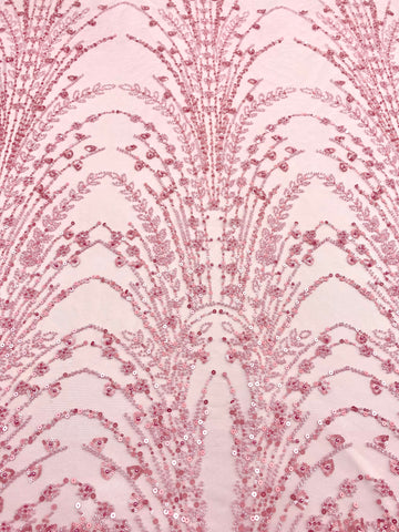 Dantela Couture Roz cu Model Geometric, cu Perle, Margele si Paiete