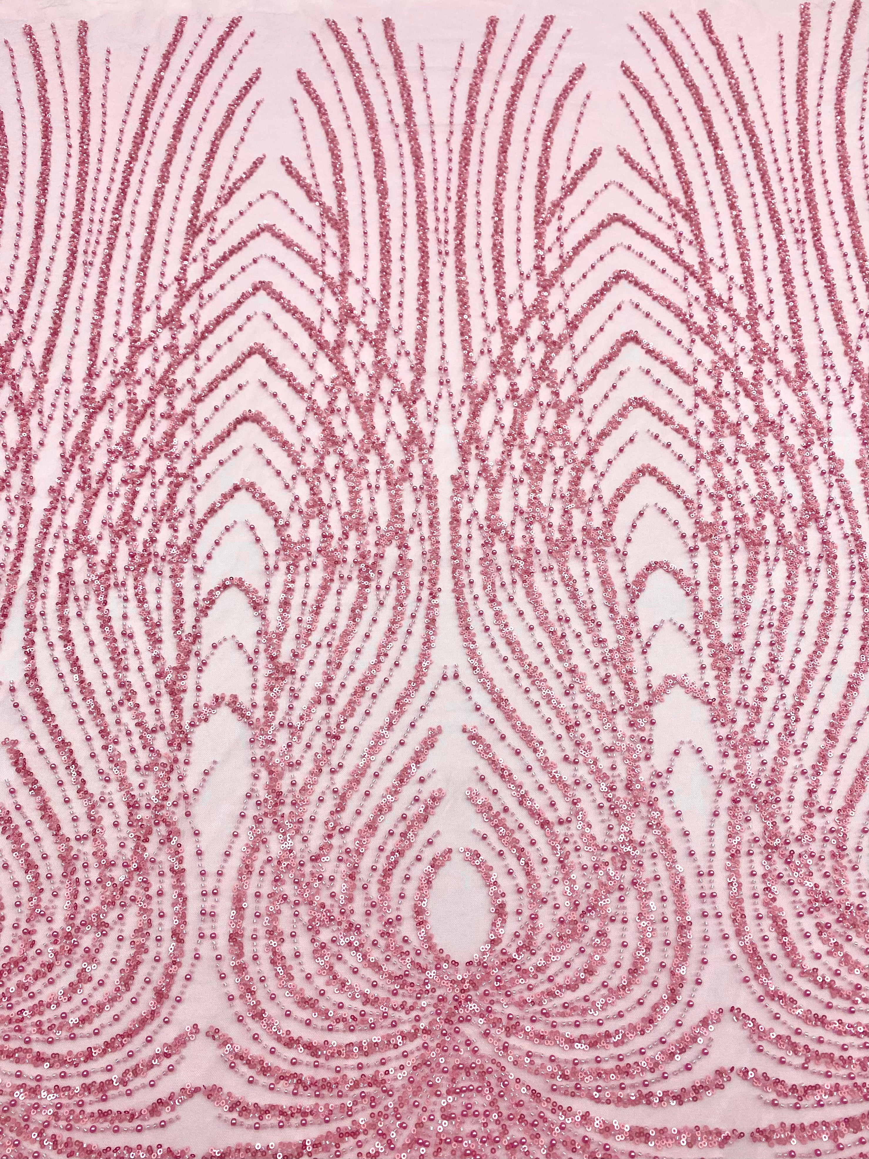 Dantela Couture Roz cu Panou, cu Perle, Margele si Paiete