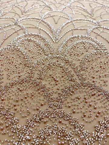 Dantela Couture Auriu Rose cu Model Geometric, cu Perle, Margele si Paiete