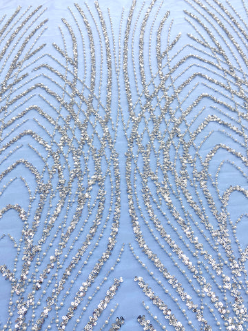 Ezüst Couture Csipke Baby Blue Tüll Panellel, Gyöngyökkel, Gyöngyökkel és Flitterekkel