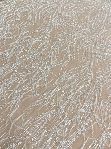 Dantela Couture Ivory cu Pene de Strut, cu Siraguri, cu Margele si Paiete