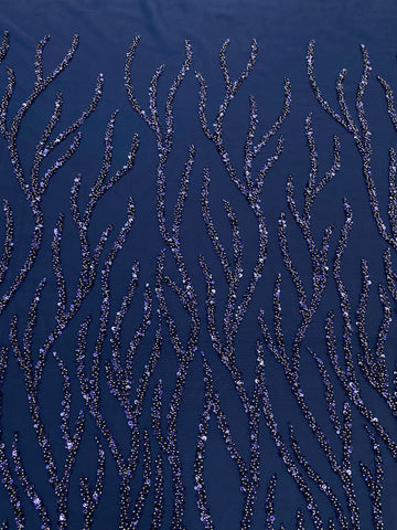 Dantela Couture Bleumarin cu Siraguri, cu Margele si Paiete