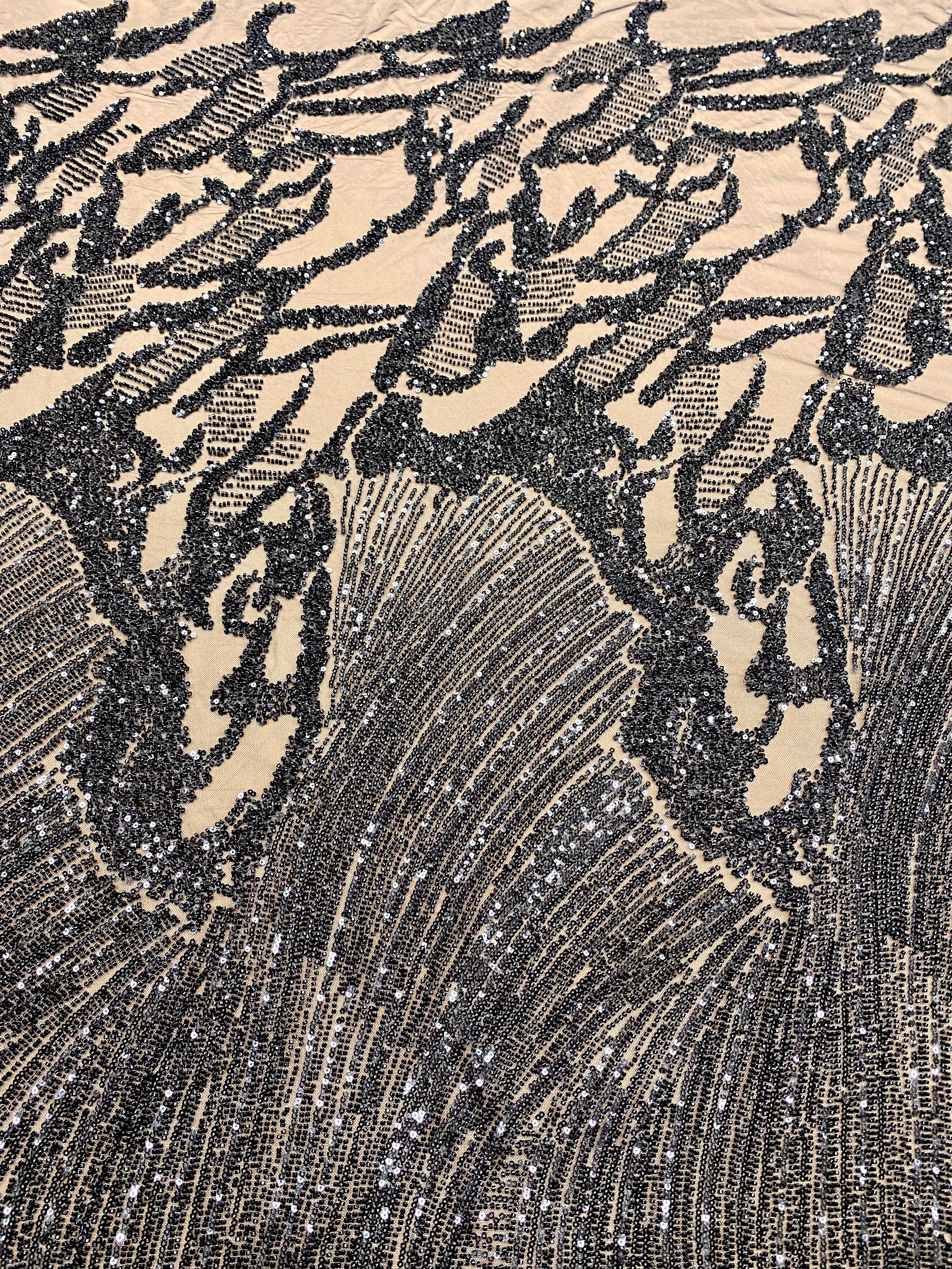 Dantela Couture Neagra cu Model Geometric, cu Margele si Paiete