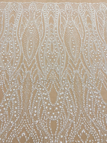 Dantela Couture Ivory cu Model Geometric, cu Perle, Margele si Paiete