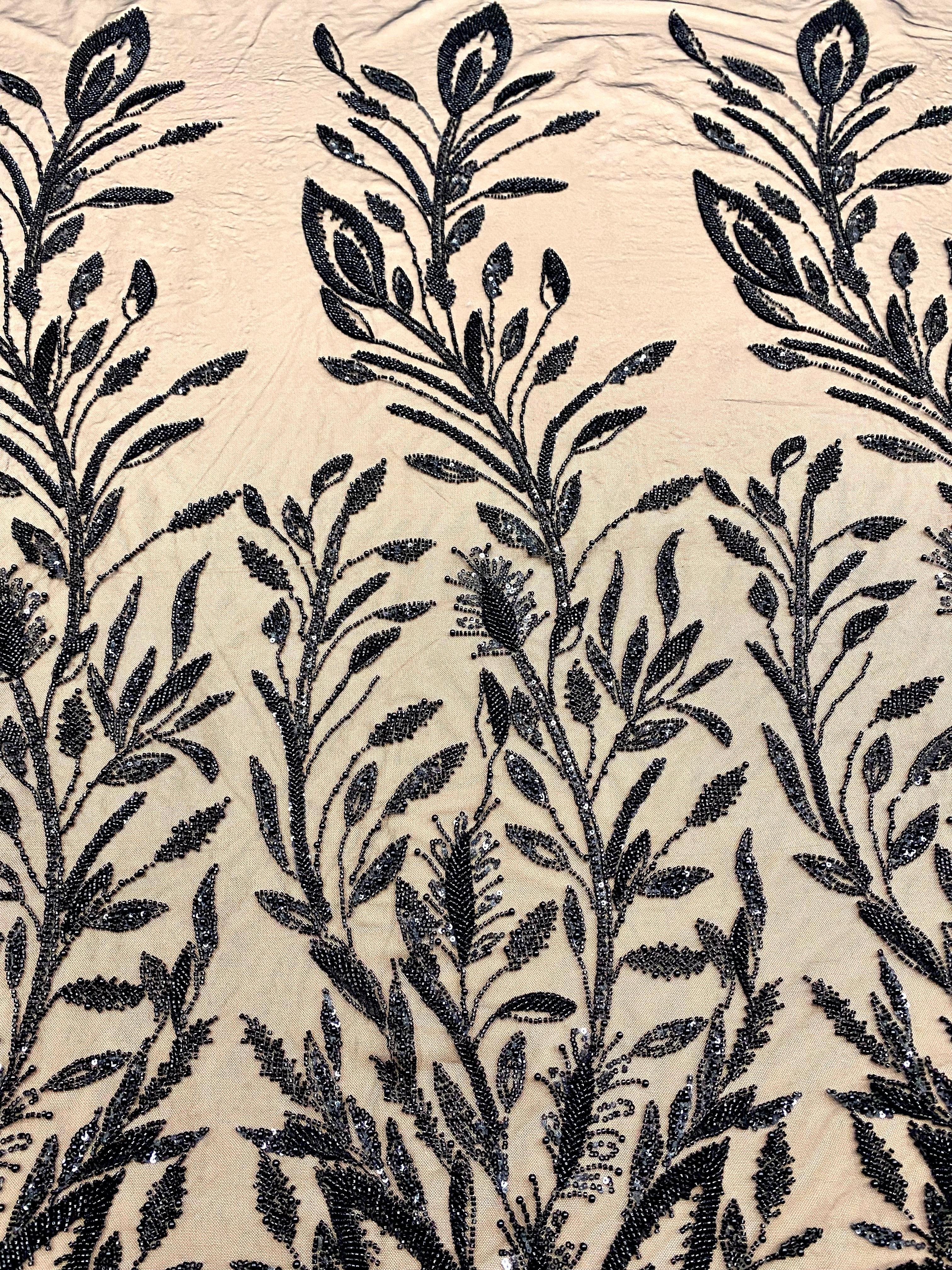 Dantela Couture Neagra cu Model Floral, cu Perle, Margele si Paiete