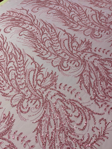 Dantela Couture Roz cu Model Floral, cu Margele si Paiete